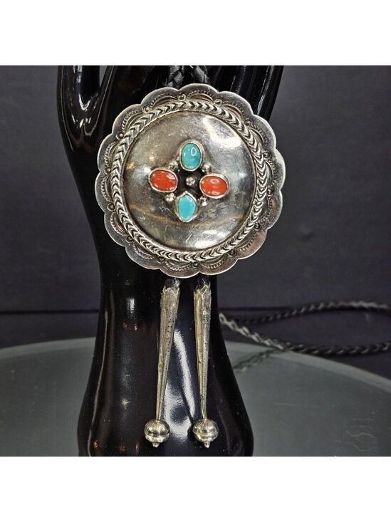 Native American Other - Navajo Turquoise And Coral Sterling Silver Bolo Tie Native American Vintage